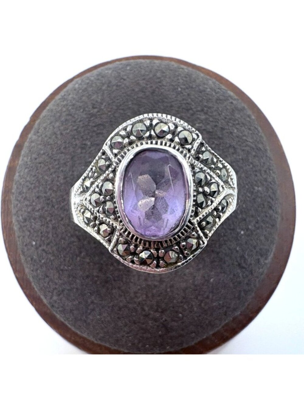 Amethyst & Marcasite Sterling Silver 925 Tapered Band Ring Size 7.5